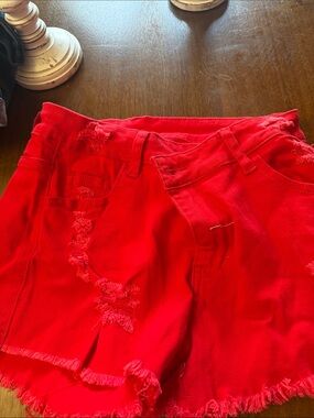 SHEIN Bright Red Distressed Denim Shorts